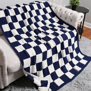 Navy Blue CheckerBoard Patterned Two Tone Blanket Design Reversible Throw